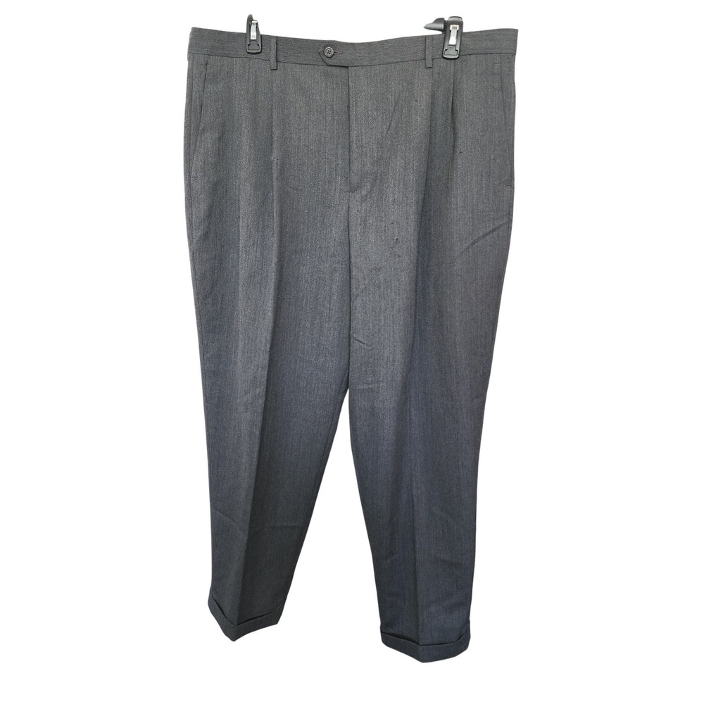 Claiborne Mens Gray Wool Blend Pleated Cuffed Dress Pants 42x30 Herringbone